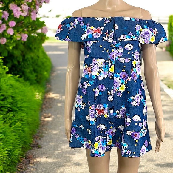 NEW Diva USA Floral Chambray Blue Flutter Sleeve Dress - Picture 9 of 16